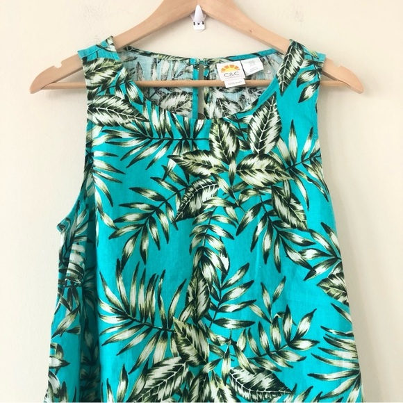 C&C California 100% Linen Palm Print Shift Pullover Sleeveless Dress Size Medium - Picture 2 of 8